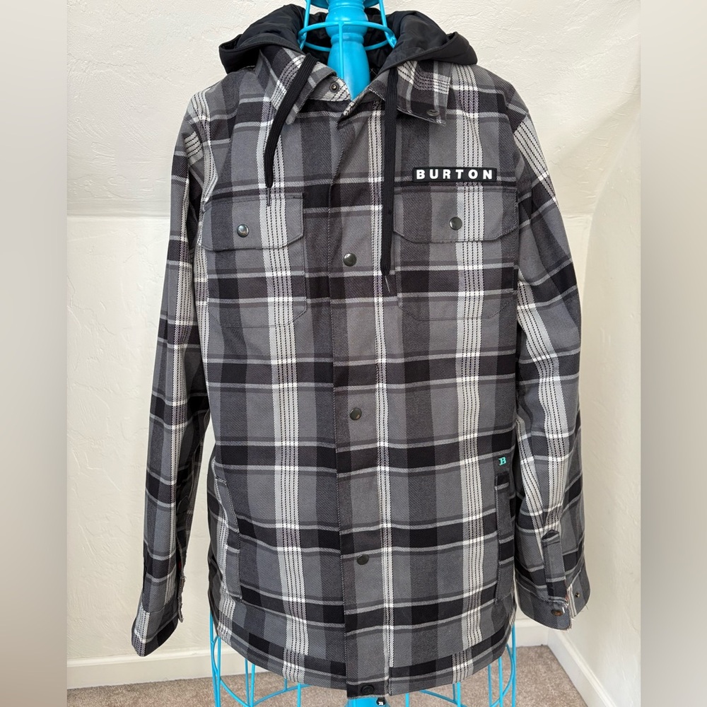 Burton Restricted Cholo Snowboard Jacket Plaid Flannel Hooded Rare Gray Medium